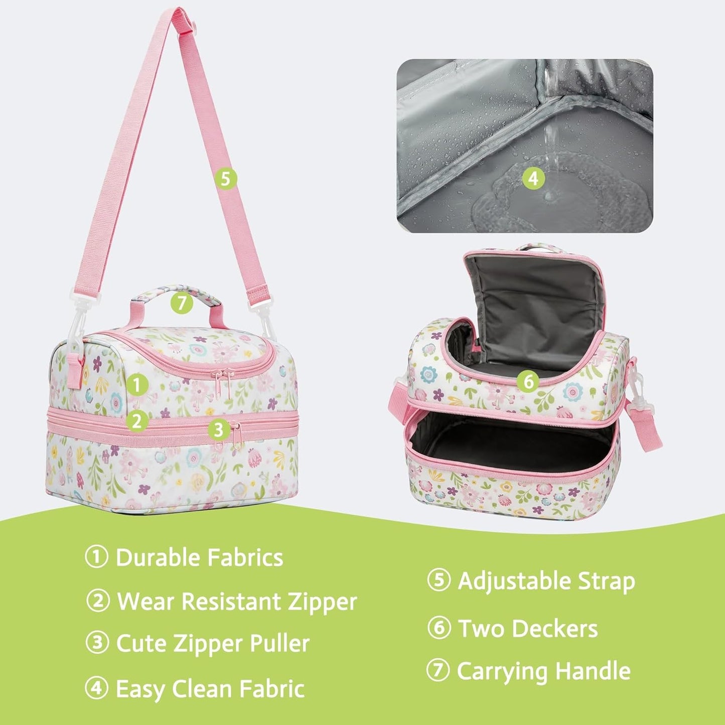 Insulated Kids Dual Compartment Lunch Bags Tote Pack for Girls Boys Toddler Kindergarten School Picnic Cooler Thermal Lunch Boxes with Strap (Green Rainbow)