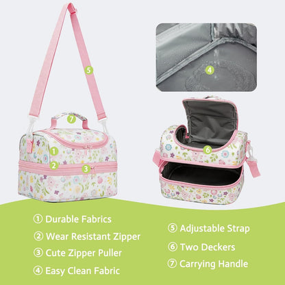 Insulated Kids Dual Compartment Lunch Bags Tote Pack for Girls Boys Toddler Kindergarten School Picnic Cooler Thermal Lunch Boxes with Strap (Green Rainbow)