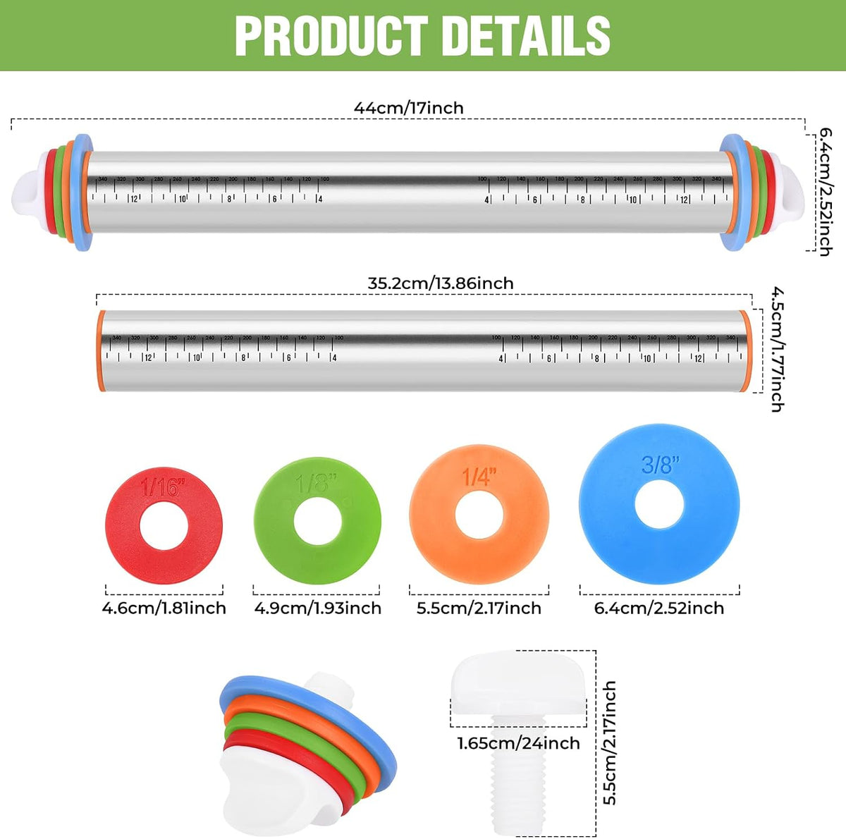 Adjustable Rolling Pin with Thickness Rings,Cake Pop Rolling Pin