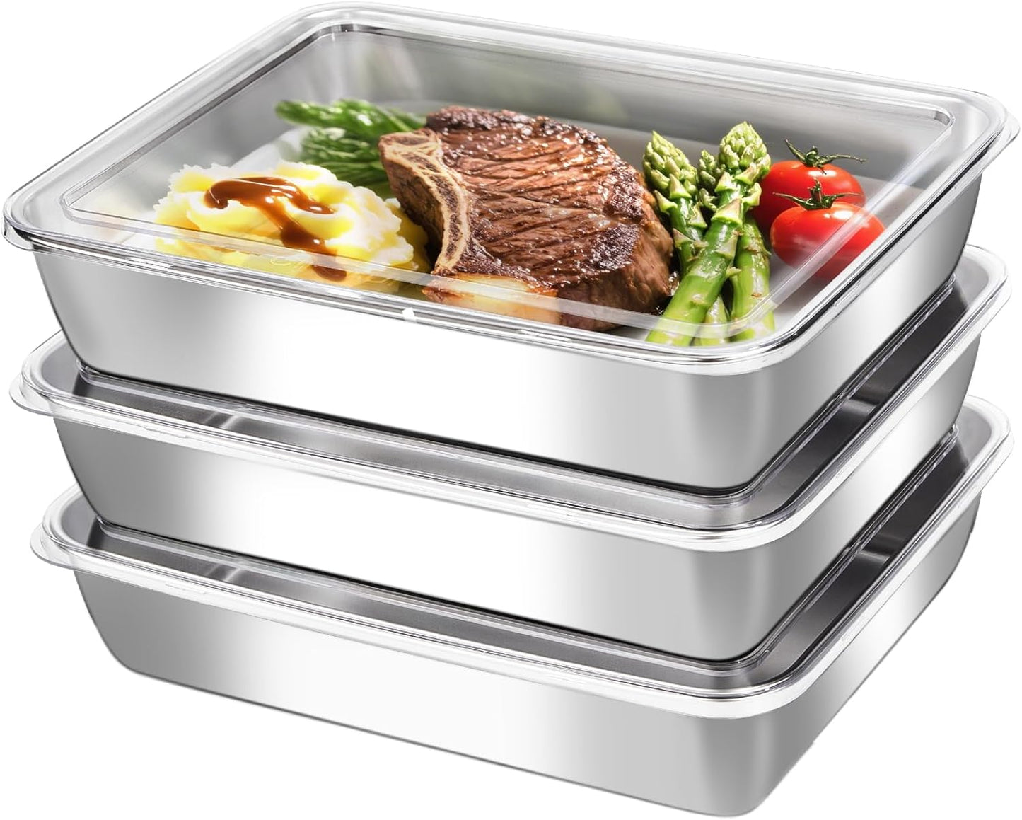 6-Pack Stainless Steel Food Storage Containers with ClearLids - Stackable Metal Meal Prep Boxes for Lunches, Leftovers & Kitchen Organization, BPA-Free & Dishwasher Safe（73oz/10X7.68X2.1）