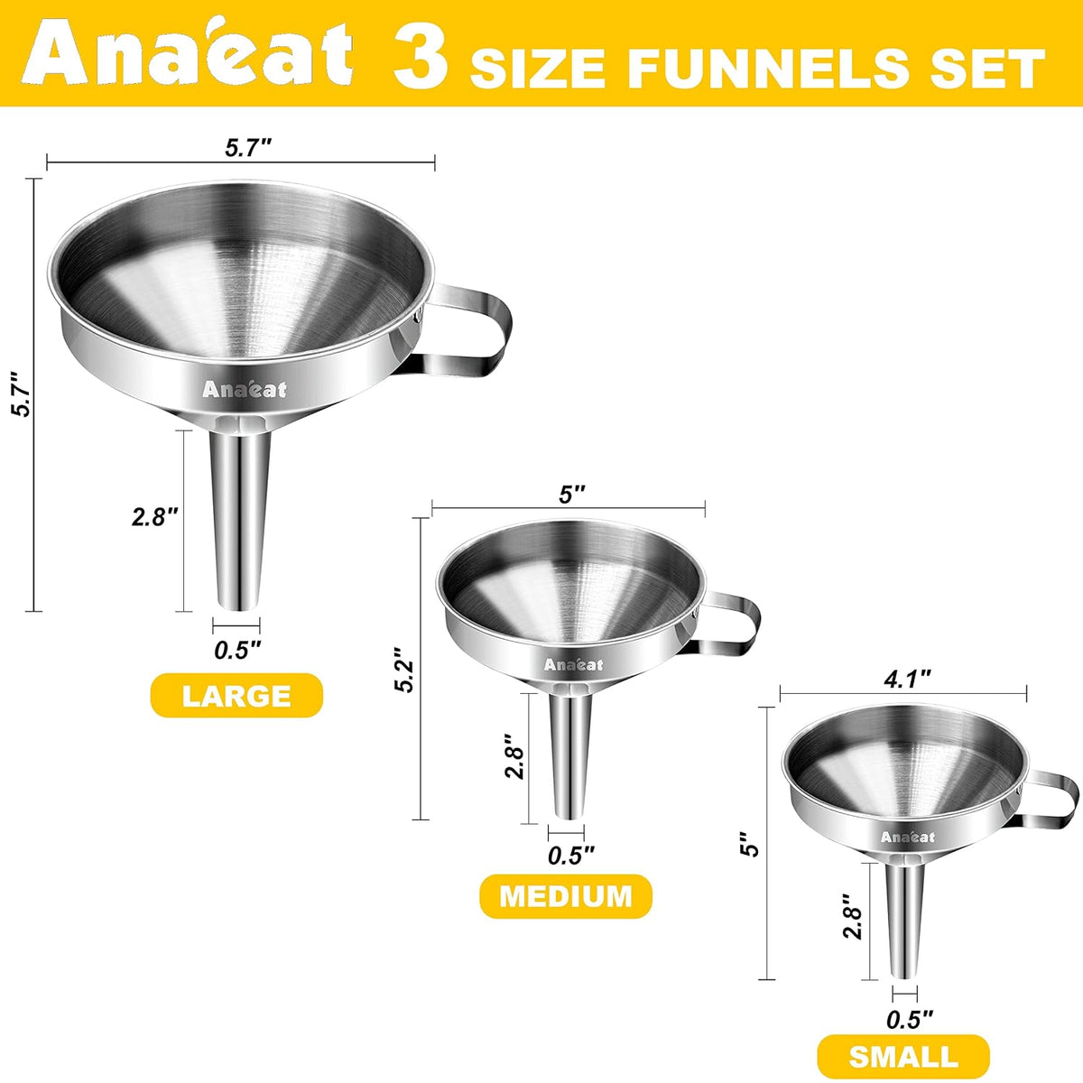 Anaeat Stainless Steel Mini Kitchen Funnel Set, Durable Metal Filling Funnels for Transferring Liquid, Dry ingredients, Cosmetic Lotion, Fluid, Spices, Powder - Food-Grade & High Heat Resistant