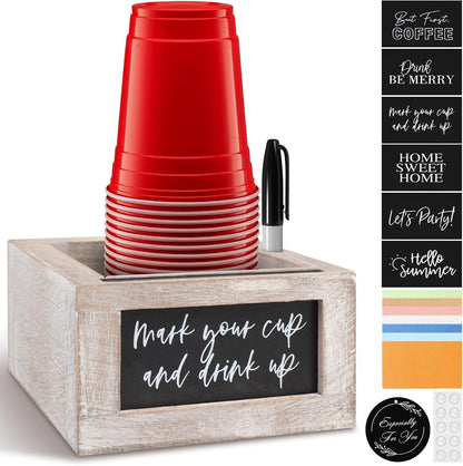 Wooden Cup Holder with Marker Slot, Mark Your Cup and Drink Up with Interchangeable Signs, Party Cup Holder, Wood Cup Dispenser - Rustic Farmhouse Modern Decor | Hostess Gift (Wooden)