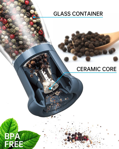 CIRCLE JOY Premium Manual Salt and Pepper Grinder Set, Refillable Salt and Pepper Shakers with Ceramic Blades, Adjustable Coarseness and BPA-free 180ml Glass Container, Tall Black White