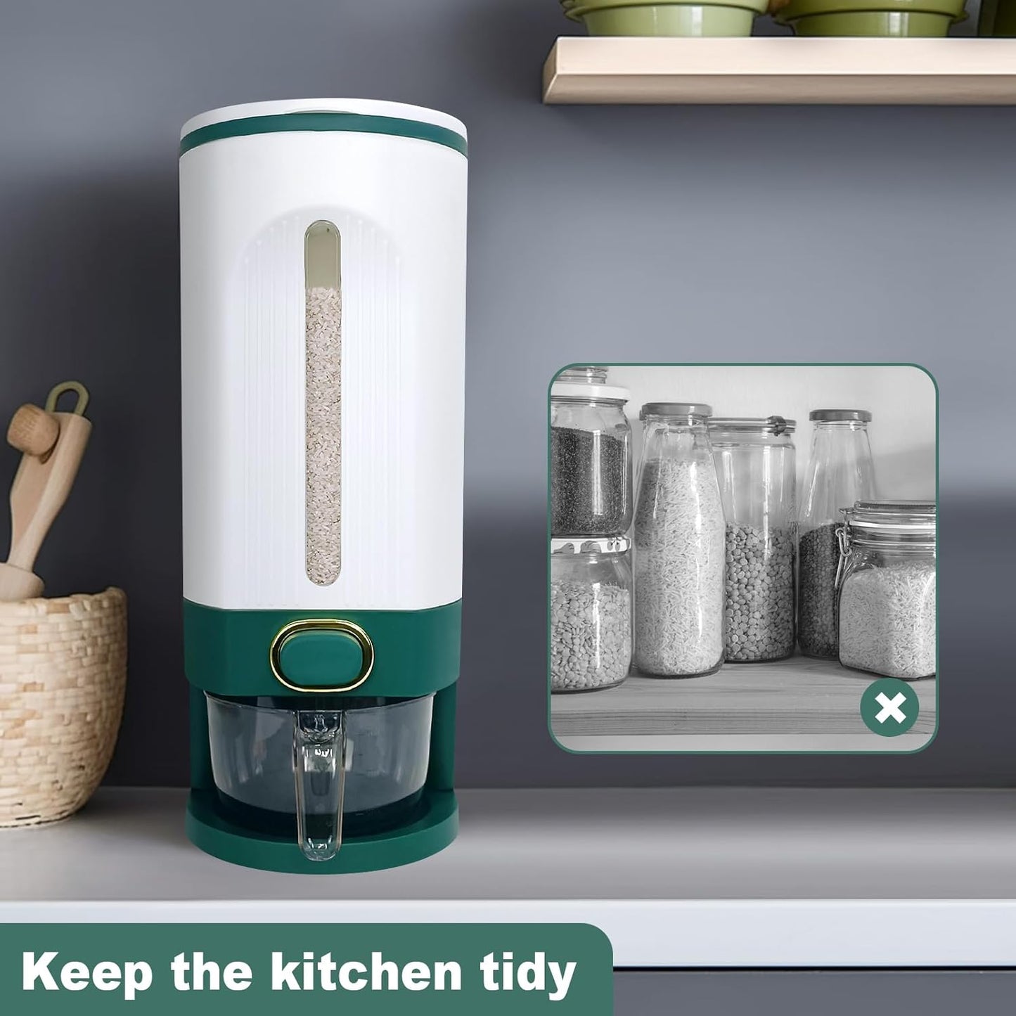 LUOKER Rice Dispenser,25 Lbs Rice Storage with Measuring Cup,White&Green Rice Container with One-Touch,Cereal Dispenser Storage with Lids for Rice, Corn,Soybean & Oatmeal,Airtight, Moisture Proof