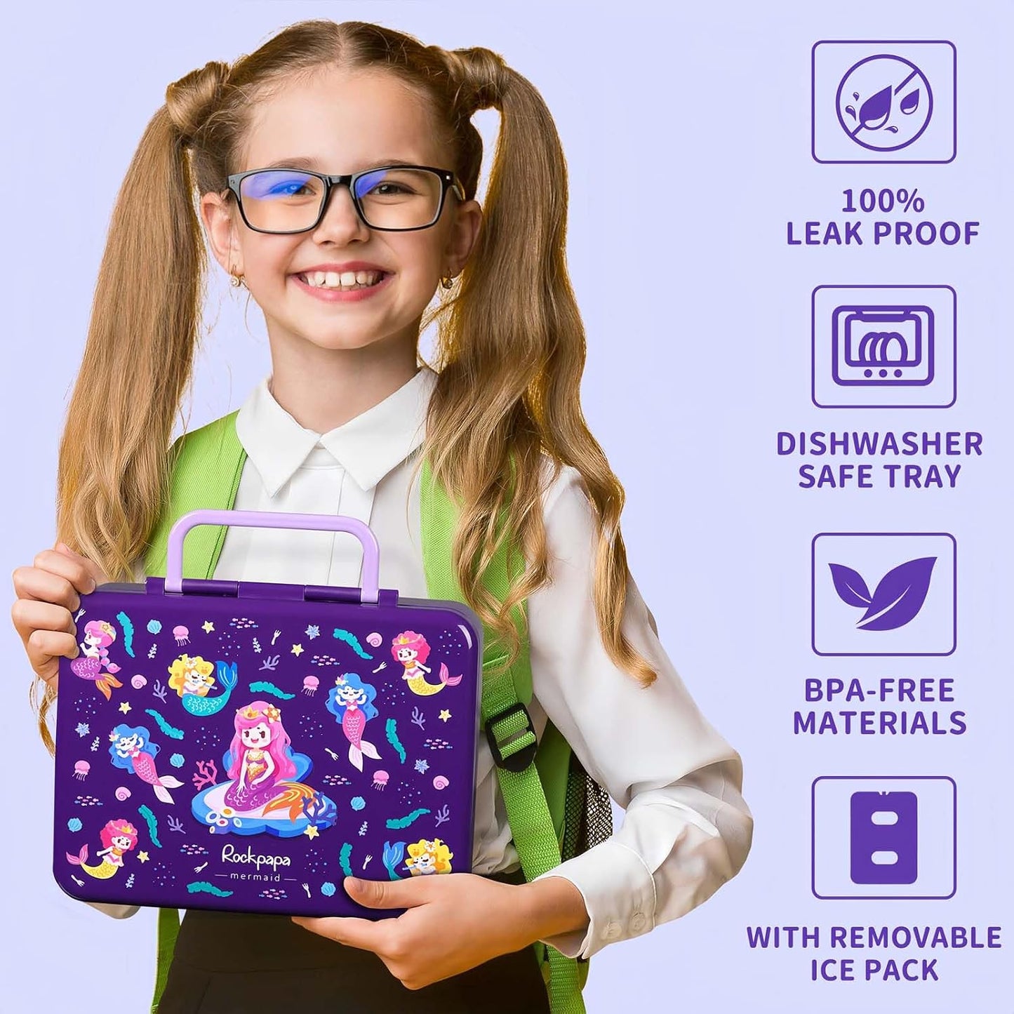 rockpapa Chill Bento Box for Kids- Large 5.5 Cups Lunch Box with Ice Pack - 5 Compartments, BPA-Free, Leak Proof, with Utensils & Portable Handle, Microwave/Dishwasher Safe (Purple Butterfly)