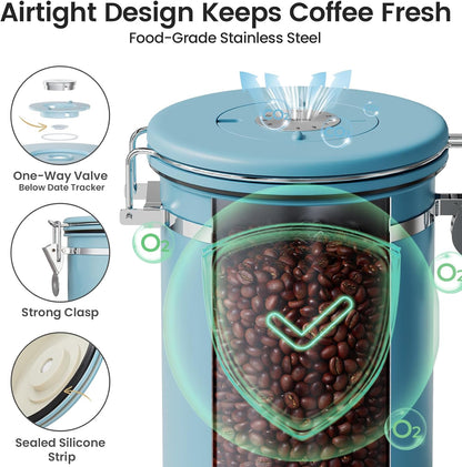 Veken Coffee Canister with Window, Family Choice Awards Winner, Airtight Stainless Steel Home Kitchen Food Storage Container with Lids for Grounds, Beans, Tea, Flour,Cereal,Sugar Jars,Scoop,16OZ,Black