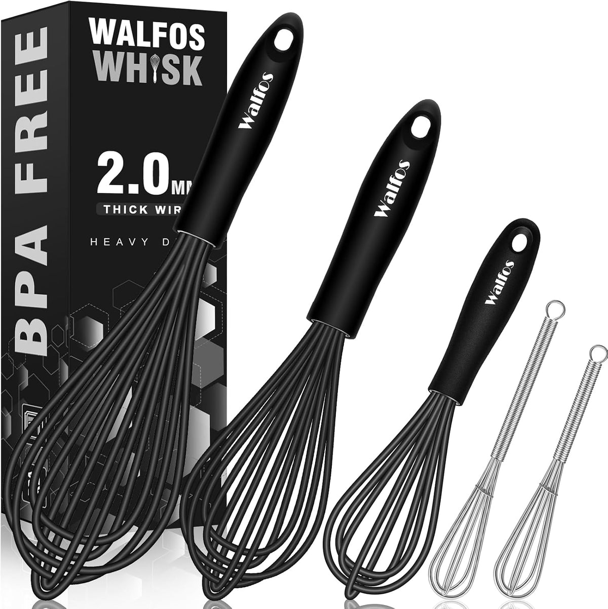 Walfos Silicone Whisk,Stainless Steel Wire Whisk -Heat Resistant 480°F Kitchen Whisks for Non-stick Cookware,Balloon Egg Beater Perfect for Blending,Whisking,Beating,Frothing & Stirring,Black