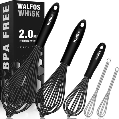 Walfos Silicone Whisk,Stainless Steel Wire Whisk -Heat Resistant 480°F Kitchen Whisks for Non-stick Cookware,Balloon Egg Beater Perfect for Blending,Whisking,Beating,Frothing & Stirring,Black