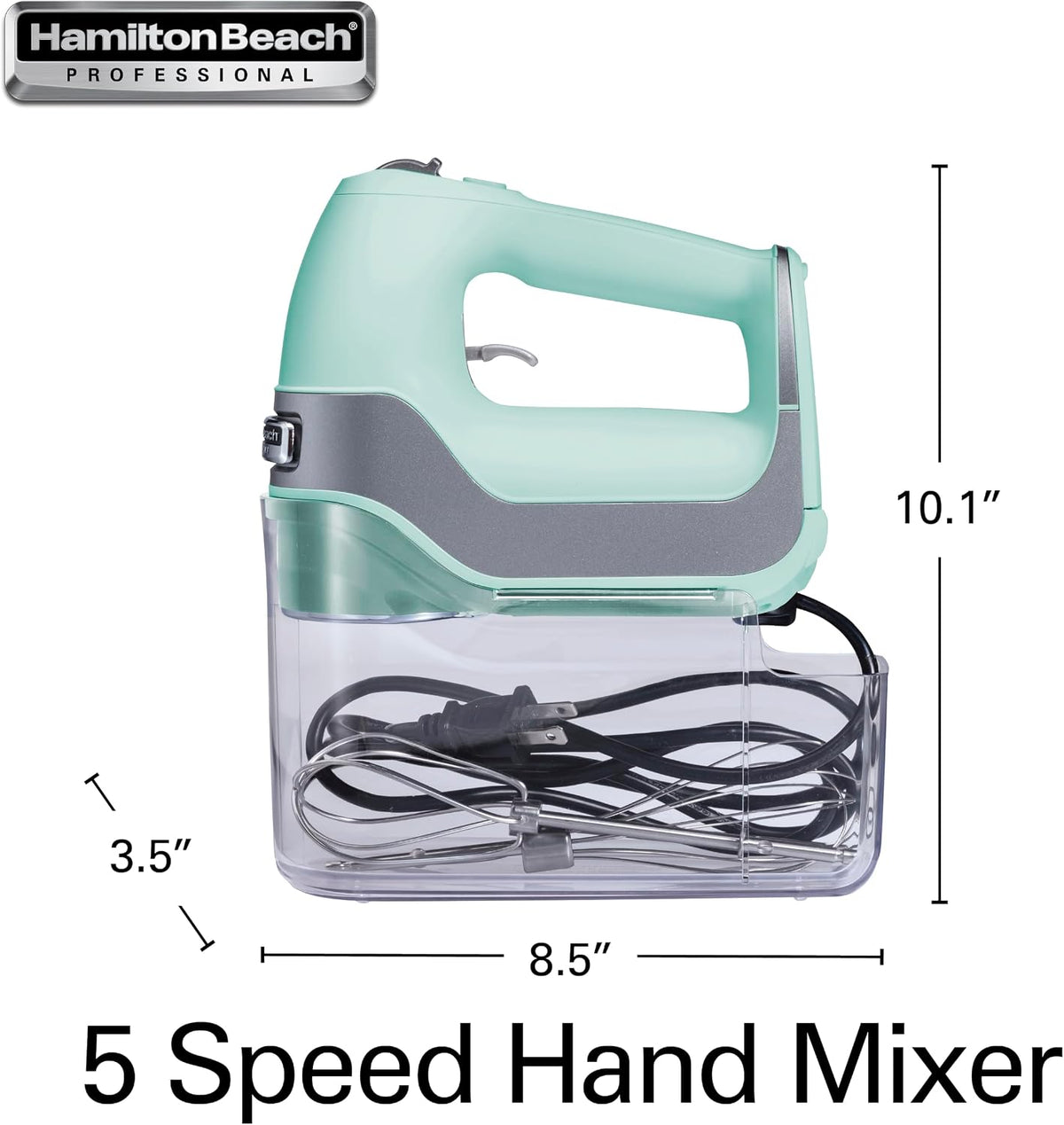 Hamilton Beach Professional 5-Speed Electric Hand Mixer with Snap-On Storage Case, QuickBurst, Stainless Steel Twisted Wire Beaters and Whisk, Mint (62658)