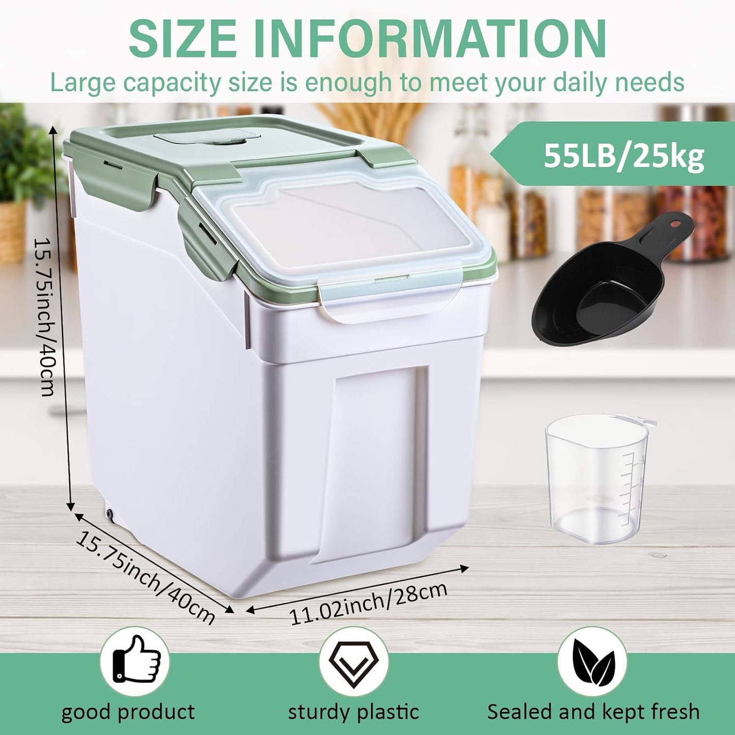 Sunnyray 4 Pcs 55 lbs Grain Rice Storage Container Flour Bin with Wheels Cup Leak Proof Pet Food Storage Boxes Seal Locking Lid Plastic Rice Containers Set for Cereal Flour Cat Dog Food (Blue)