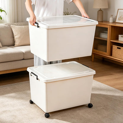Large Stackable Plastic Storage Bins with Wheels, 3-Pack 60 Quart White Thickened Latching Lid Containers with Lockable 360° Casters for Home, Office, Bathroom, and Dorm Organization