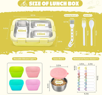 Kids Stainless Steel Bento Box, 3 Compartments Leakproof Lunch Box, Portable Food Storage Containers with Silicone Lids BPA-Free for Office, Picnics, Travel, Blue