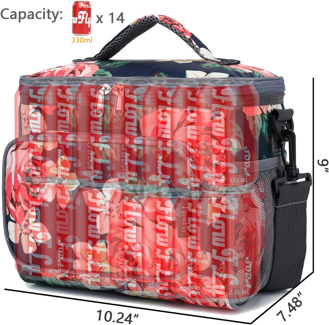 FlowFly Insulated Reusable Lunch Bag Adult Large Lunch Box for Women and Men with Adjustable Shoulder Strap,Front Zipper Pocket and Dual Large Mesh Side Pockets,Cherry - Colors B