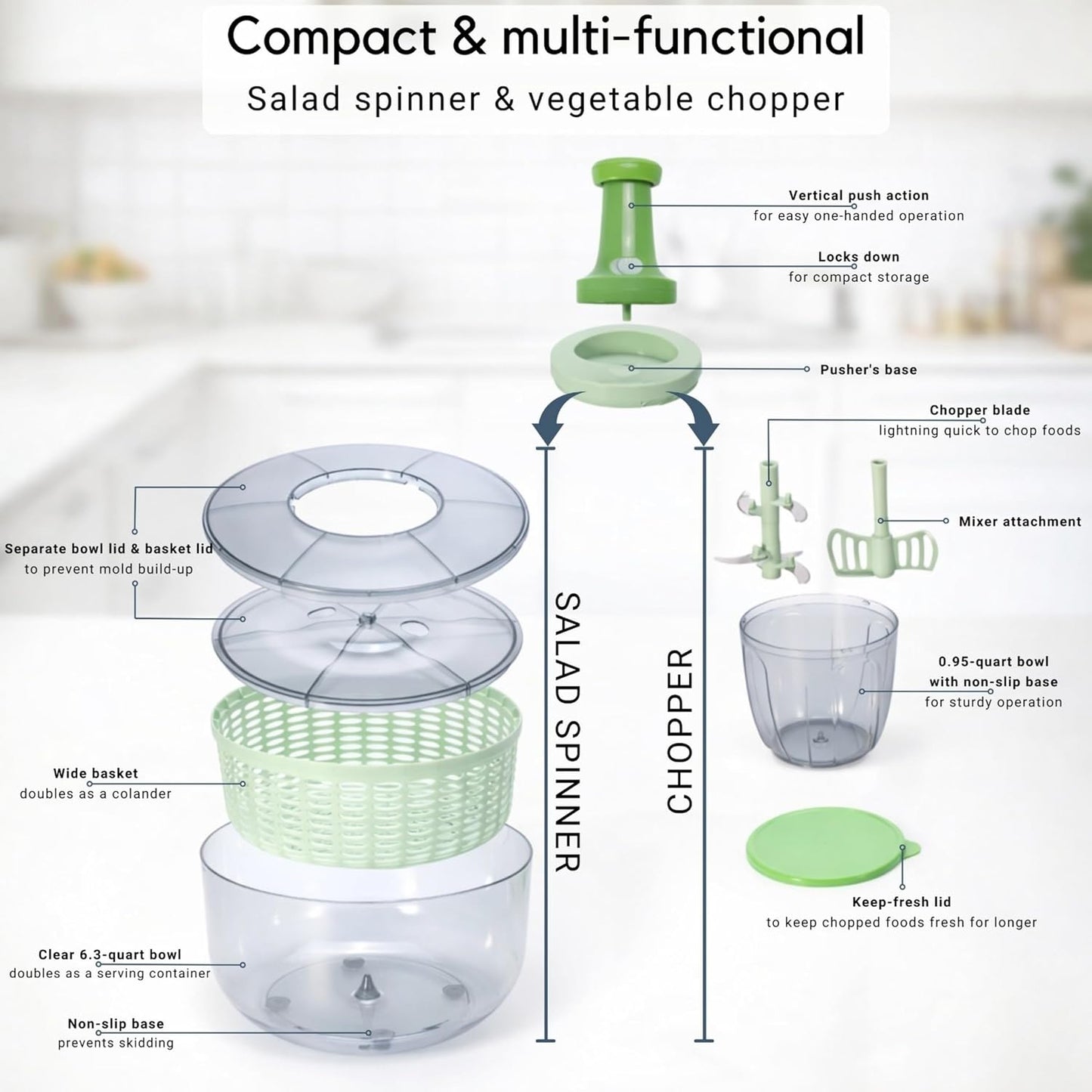 Brieftons Salad Spinner and Chopper Combo: Large 6.34-Quart Lettuce Greens Vegetable Washer Dryer with Bonus 0.95-Quart Push Veggie Chopper Mixer, Storage Lids, Collapsible, No Electricity, Easy Prep