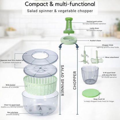 Brieftons Salad Spinner and Chopper Combo: Large 6.34-Quart Lettuce Greens Vegetable Washer Dryer with Bonus 0.95-Quart Push Veggie Chopper Mixer, Storage Lids, Collapsible, No Electricity, Easy Prep