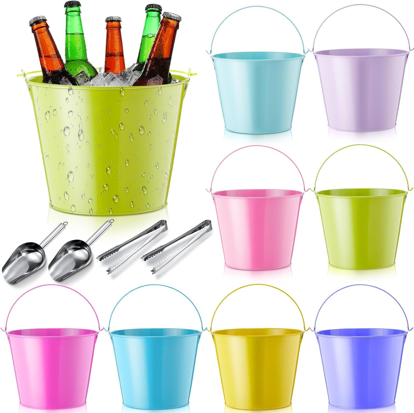 Zopeal 12 Pcs Galvanized Beer Bucket Set, Includes 8 Metal Ice Buckets 5qt with 2 Scoops & 2 Tongs, Round Slive Pails Bulk for Weddings Birthday Beach Pool Party Supplies Summer Table Centerpieces