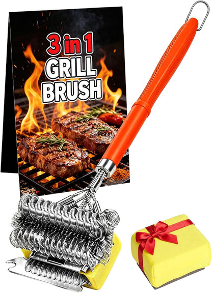 Professional 3-in-1 Grill Brush and Scraper with Safety Second Sweep Sponges - 18" Detachable Long Handle BBQ Cleaner for Heavy Duty Grime - Ideal Father's Day Grilling Gift for Men (Black)