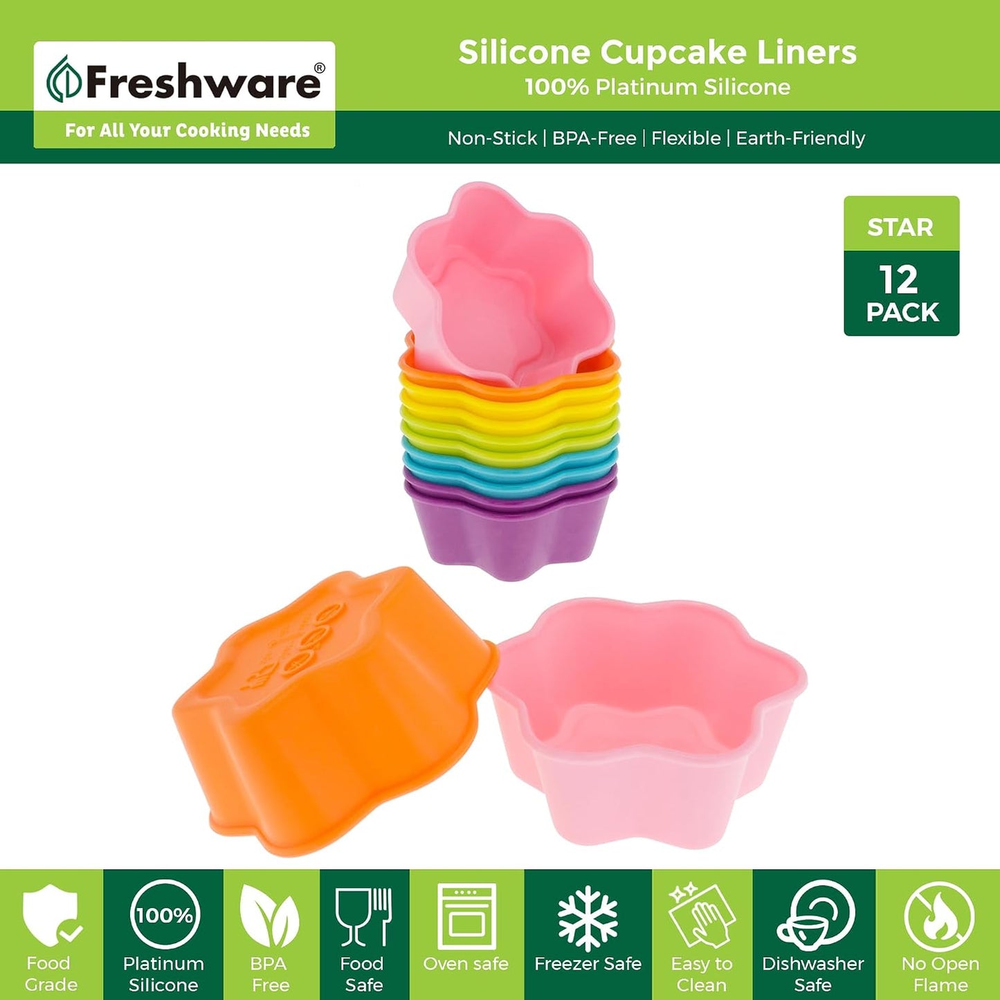 Freshware Cupcake Liners, Pack of 12 Silicone Muffin Cups, Baking Cups, Reusable & Non-stick Cupcake Liners for Party Halloween Christmas, Round