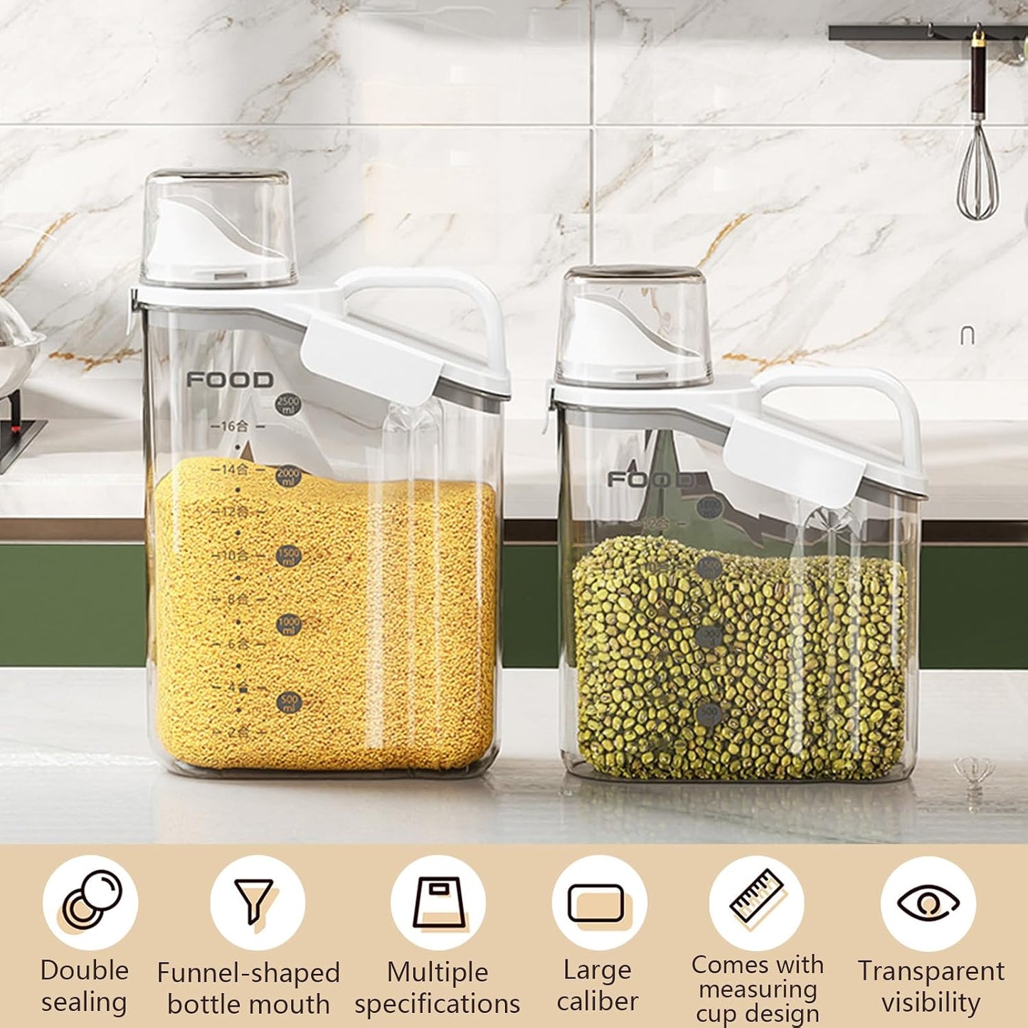 Cereal Containers Dispenser Rice Storage Container Clear Food Storage Containers Measuring Cup Pour Spout With Lids Airtight For Kitchen Grain Dry Food Pet Dog Food Organization（Green 1.6L）