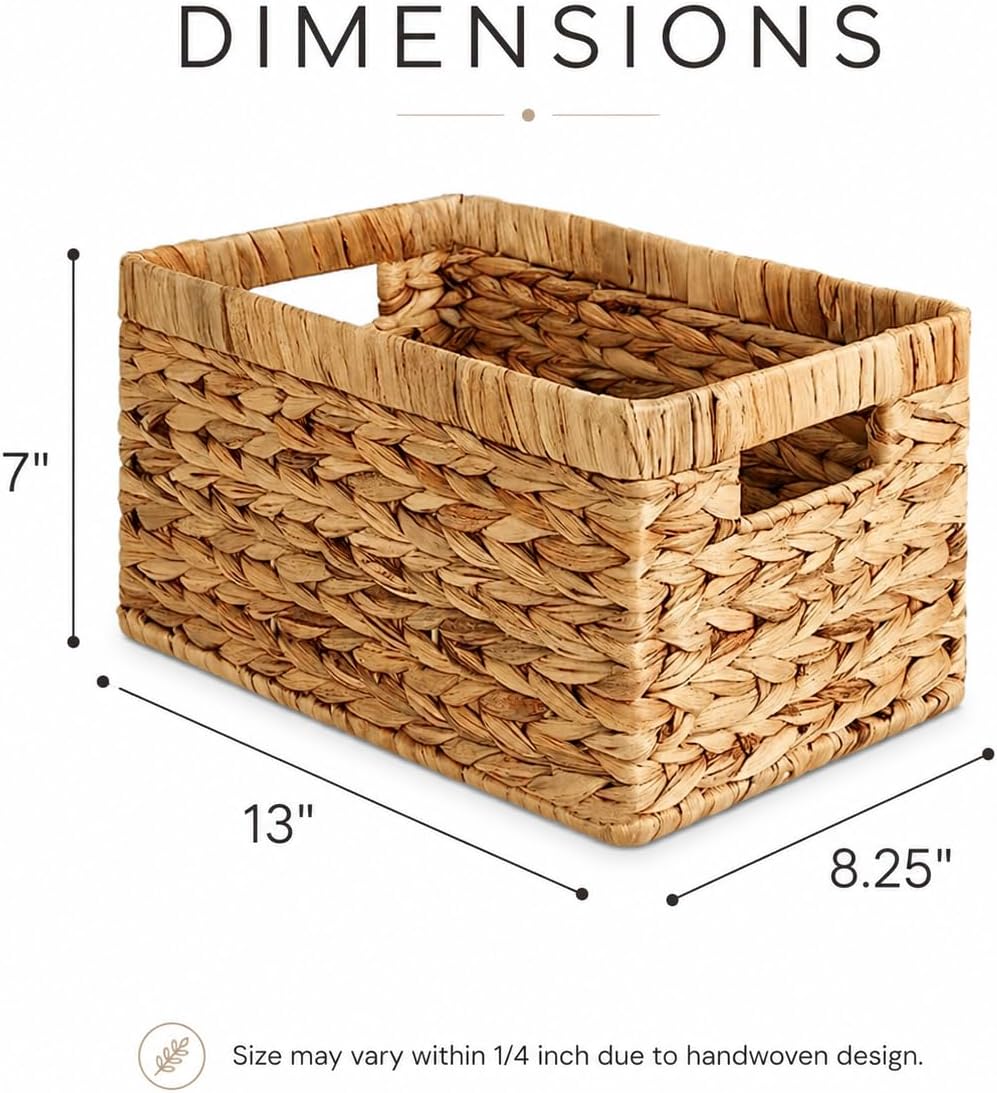 Water Hyacinth Storage Baskets for Shelves Set of 4 — Wicker Baskets for Storage and Organizing, Woven Shelf Baskets with Handles for Pantry, Kitchen, Bathroom and Bedroom, 13" x 8.25" x 7"