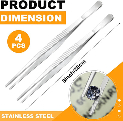 Yaomiao 4 Packs 12 Inch Bar Tweezers Silver Cocktail Tongs Long Garnish Tweezers Stainless Steel Bartender Kitchen Cooking Tongs for Cocktail Food Fruit Korean BBQ Bartender Chef, Multi-use