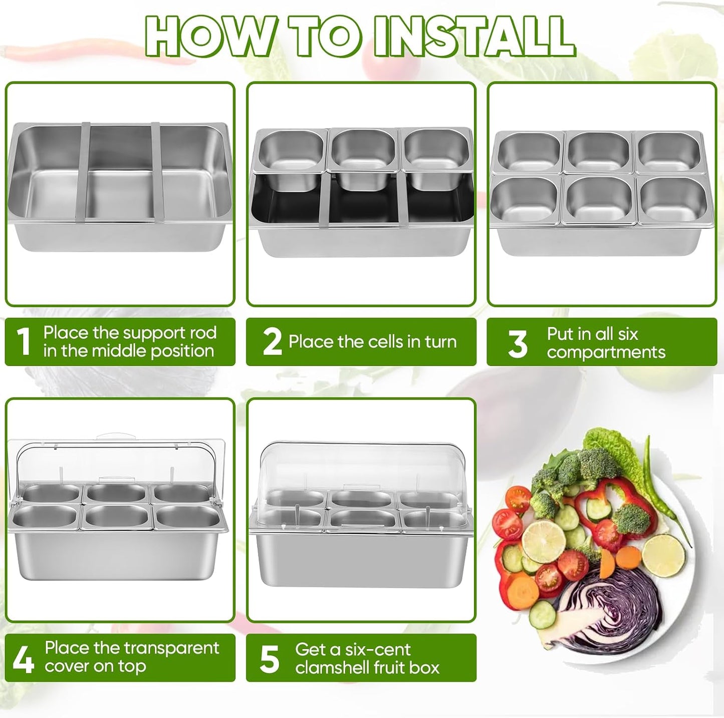 Countertop Food Serving Display Container with Clear Roll Top Cover, Stainless Steel Serving Tray Buffet Condiment Dispenser Ice Cooled Food Display Rack Pans(6 Pan)