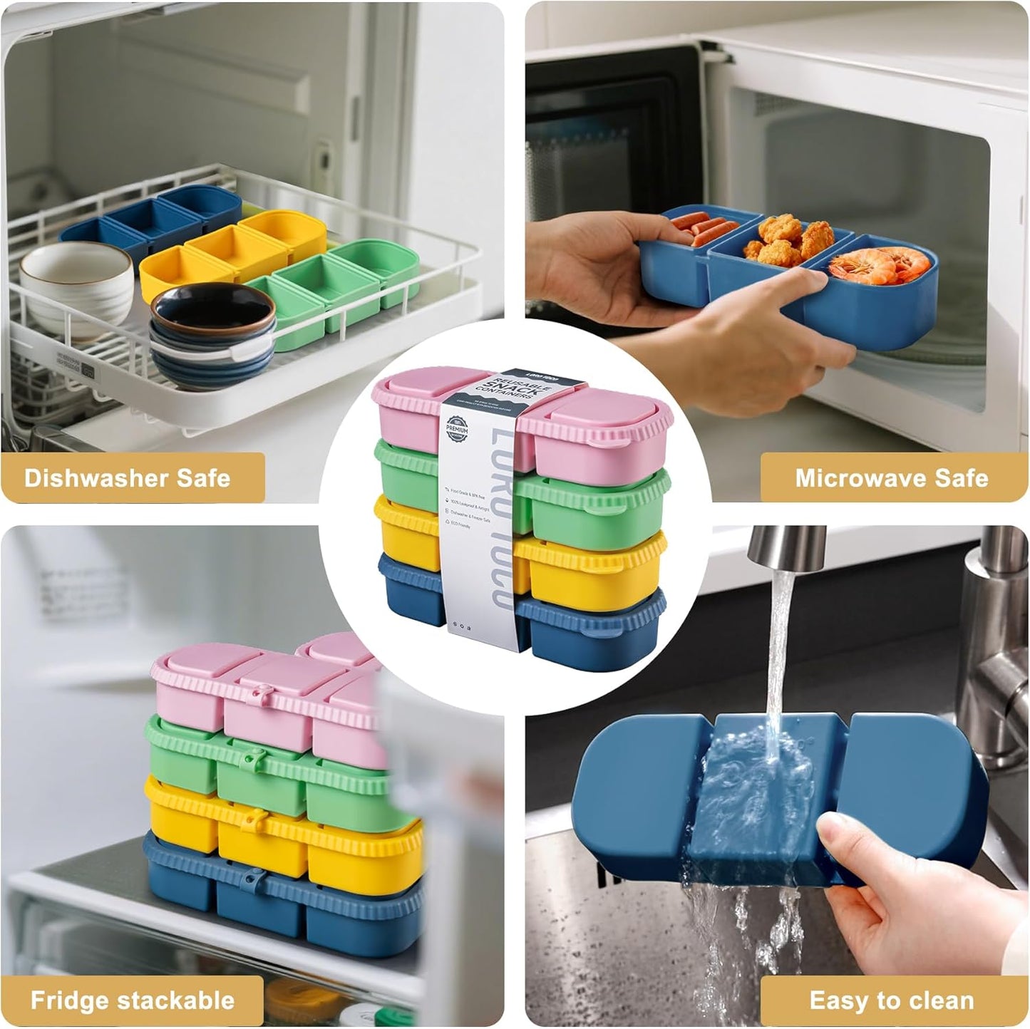 Silicone Reusable Snack Containers with Lids, 4 Pack 3 Compartment Bento Snack Boxes, Leakproof Food Storage Containers for Meal Prep, Lunch, Fruits, Kids & Adults, Dishwasher Safe