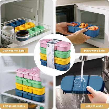 Silicone Reusable Snack Containers with Lids, 4 Pack 3 Compartment Bento Snack Boxes, Leakproof Food Storage Containers for Meal Prep, Lunch, Fruits, Kids & Adults, Dishwasher Safe