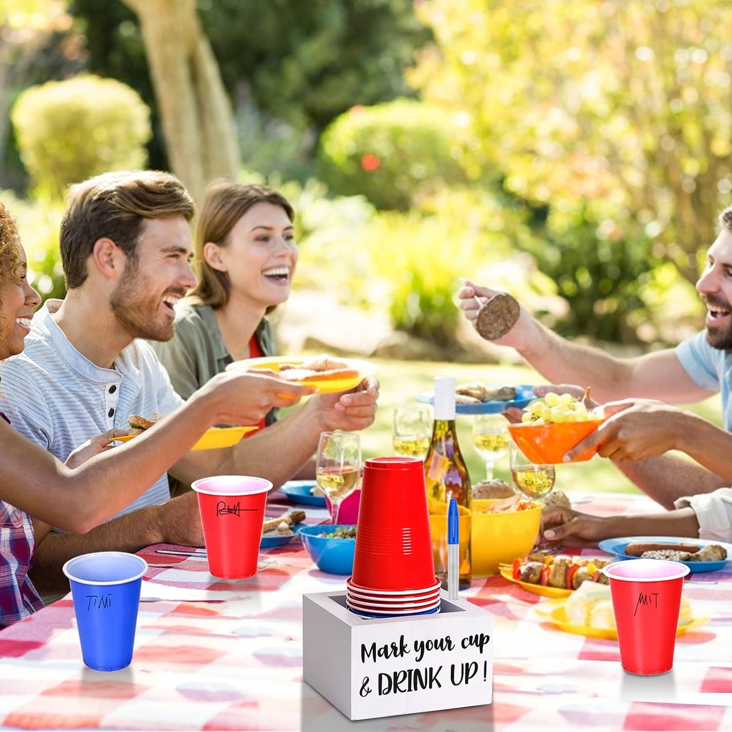 Single Cup Holder with Marker Slot Party Cup Dispenser Mark Your Cup and Drink Up Drink Dispensers for Parties Housewarming Hostess Gift Cup Holder Countertop 2 Sides Designs