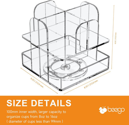 Beego Rotatable 4-Compartment Acrylic Cup Dispenser - Coffee Station Cup and Lid Carousel Countertop Plastic Cup Holder for Restaurant Breakroom Coffee Bar