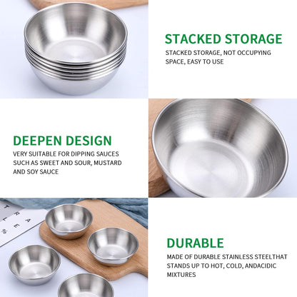 12pcs Sauce Dishes 3.2 Inch Stainless Steel Round Seasoning Dishes Bowls Condiment Cups Sushi Dipping Small Dish Bowl Saucers Mini Appetizer Plates Silver Color