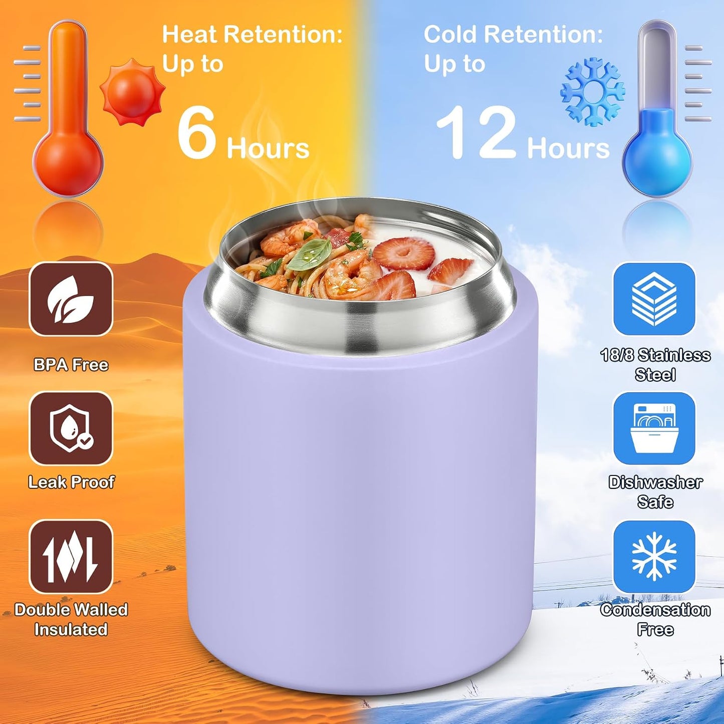 2 - in - 1 Soup Thermo for Hot Food 14oz with Snack Box Container Leak Proof Insulated Lunch Container Kids and Adults Stainless Steel Double Wall Vacuum Wide-mouth Thermal with Spoon and Handle