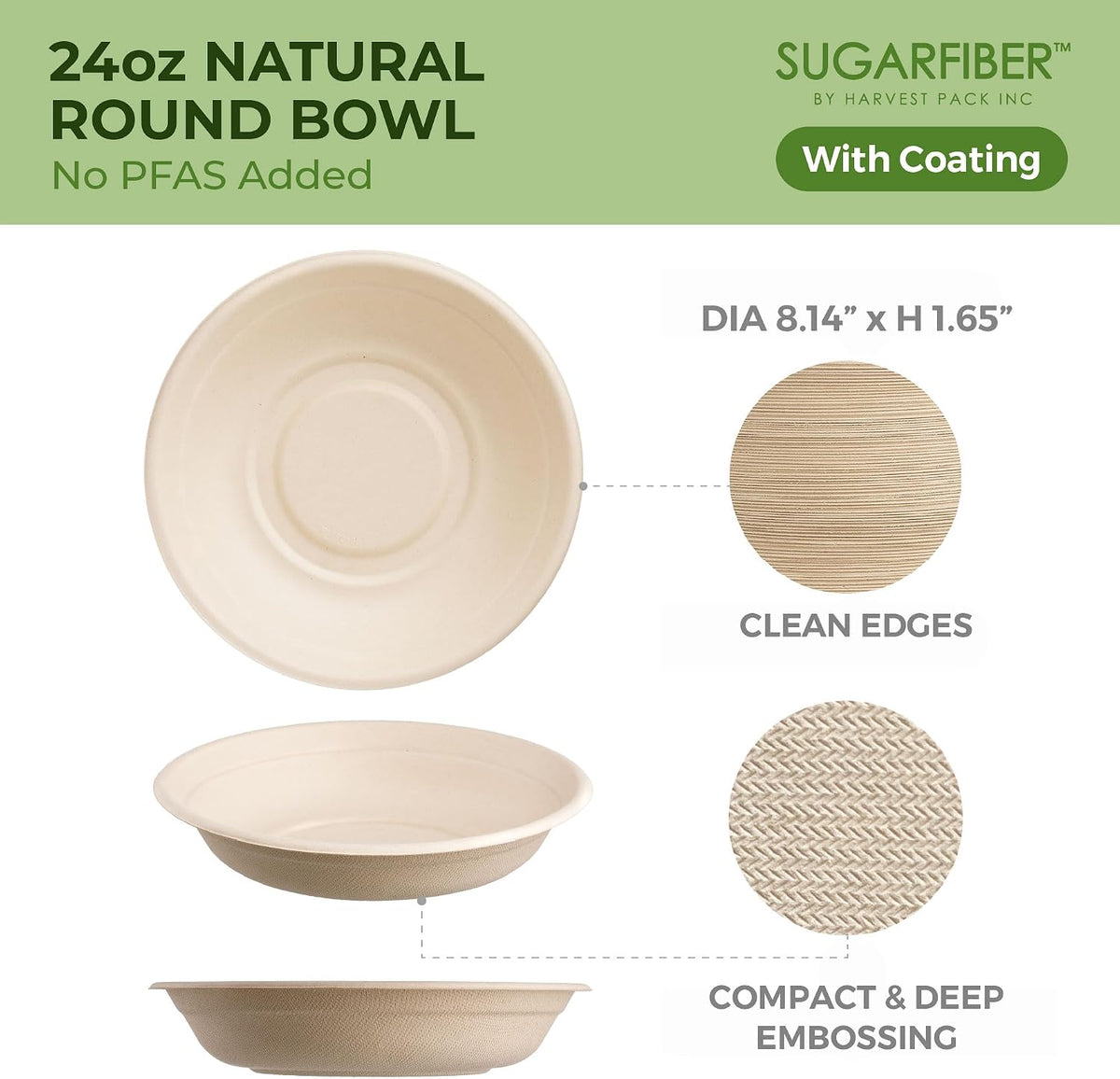 32oz Compostable Paper Bowls Disposable Round Natural Soup Bowls, 50 Count