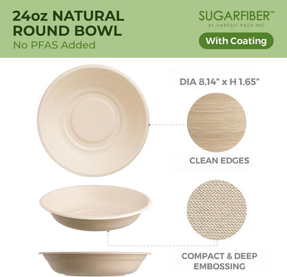 32oz Compostable Paper Bowls Disposable Round Natural Soup Bowls, 50 Count
