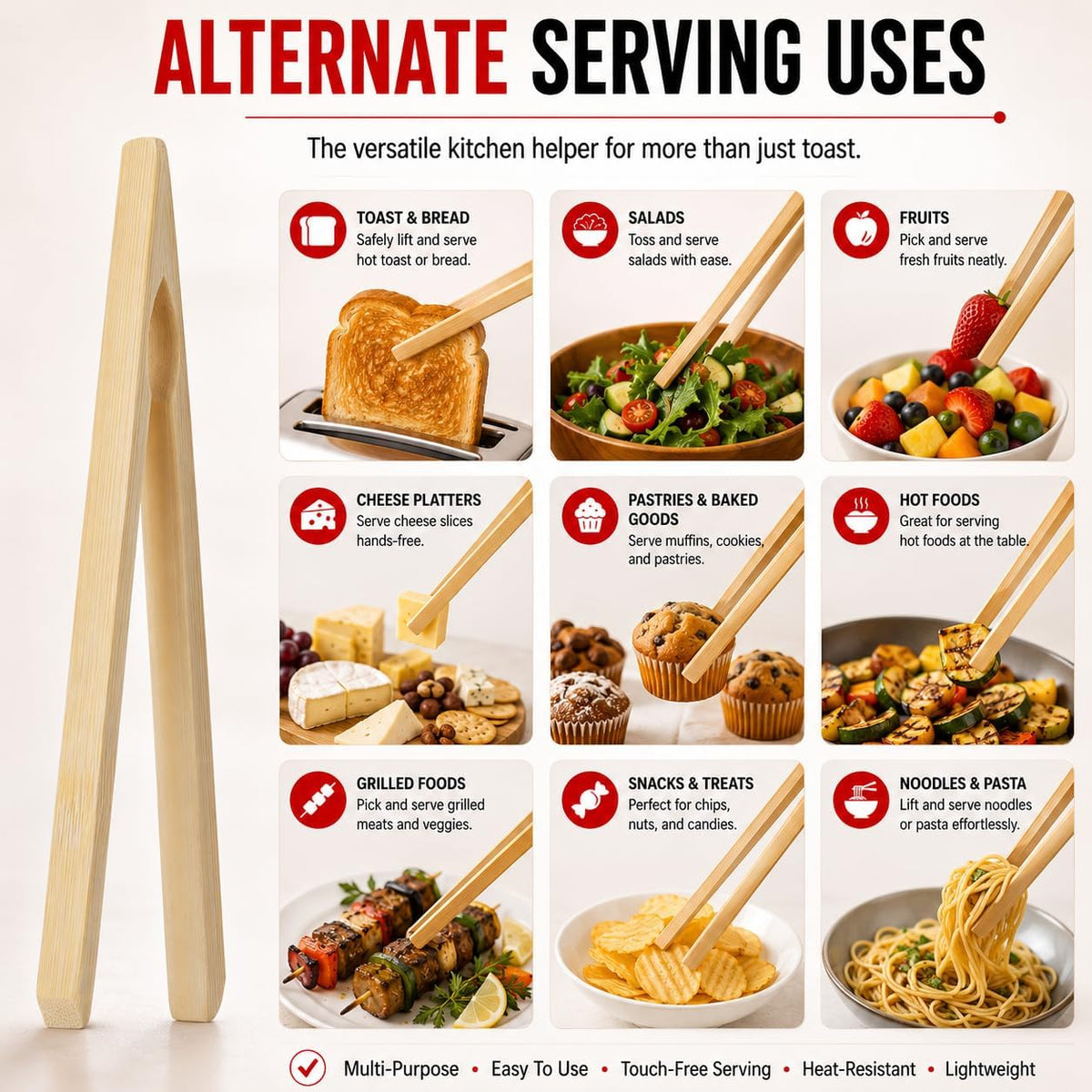 HIC Kitchen Toast Tongs, Natural Bamboo, 6.5-Inches