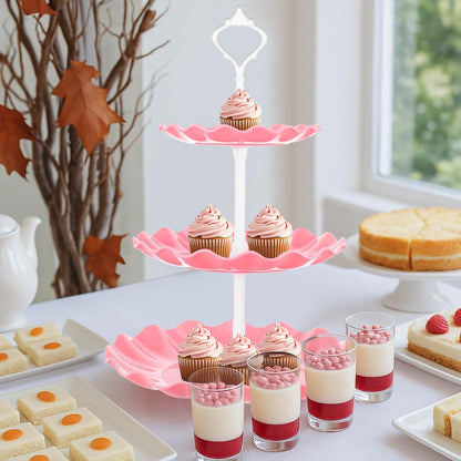 5 Pcs Dessert Stand Set, 2X Small 3 Tiers White Plastic Cupcake Stand Holder & 3X Rectangle Party Serving Trays/Platters for Wedding Birthday Baby Shower Tea Party Buffet (Pink)