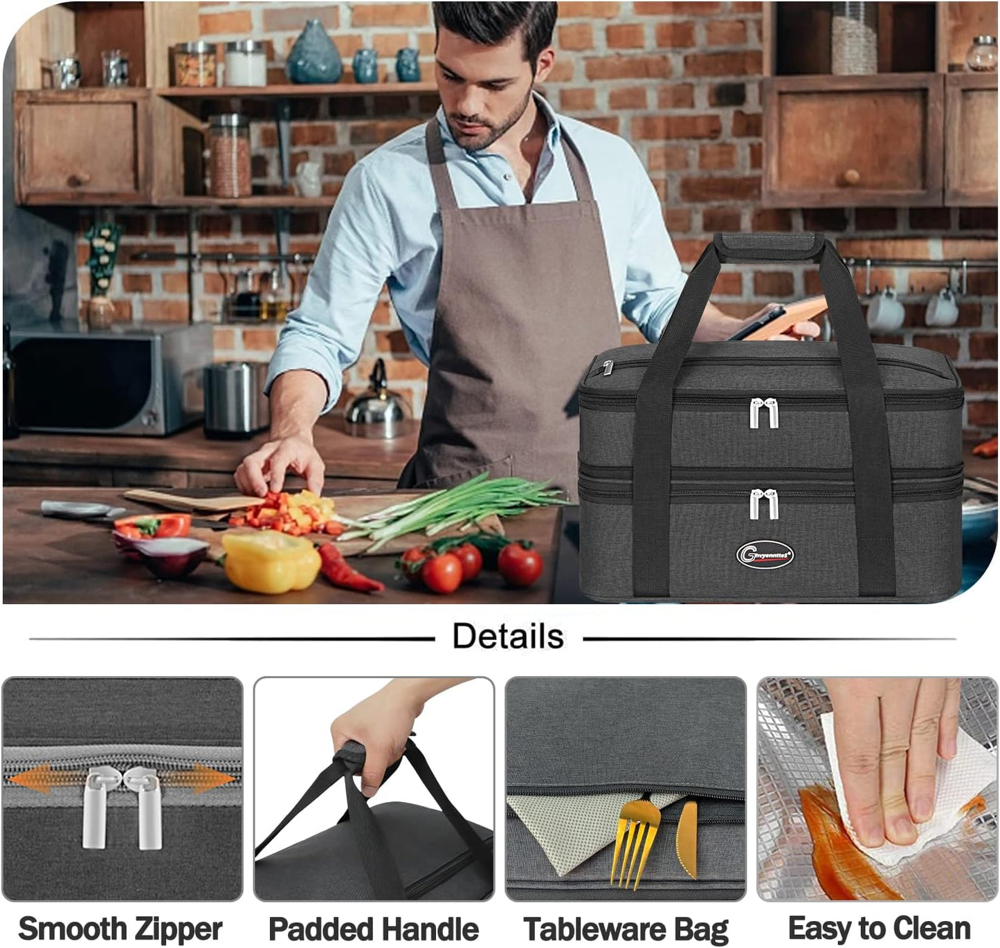GhvyenntteS Insulated Casserole Carrier, Double Casserole Carriers for Hot or Cold Food Warmer Bag, Lasagna Lunch Bag Keep Food Warm for Potluck Parties, Picnic, Travel, Fits 9"x13" Baking Dish, Grey