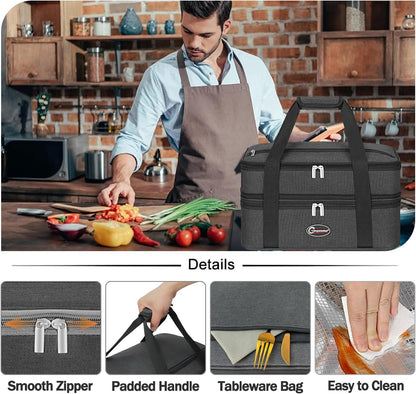 GhvyenntteS Insulated Casserole Carrier, Double Casserole Carriers for Hot or Cold Food Warmer Bag, Lasagna Lunch Bag Keep Food Warm for Potluck Parties, Picnic, Travel, Fits 9"x13" Baking Dish, Grey