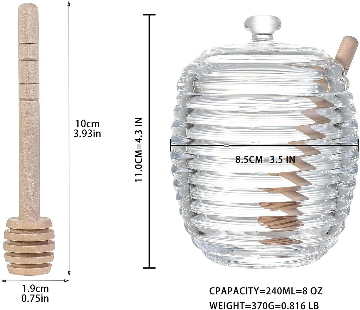 Honey Jars,9 oz Clear Glass Honey Pot Set with Dipper and Lid - Glass Honey Dispenser,Syrup Jar,Containers for Kitchen - Honeypot with Dipper Sticks - Honey Containers (Hexagon)