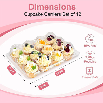 12 Count x 12 Sets Cupcake Carrier With 150 Pack Liners, Stackable Plastic Cupcake Containers Boxes Holder with Tall Dome Lid, Disposable Cupcake Storage Trays