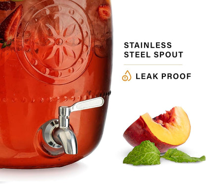 3 Gallon Classic Ice Cold Clear Glass Mason Jug Drink Beverage Dispenser Durable On Galvanized Stand With Leak Free Spigot-Easy Filling For Outdoor, Parties & Daily Use Lid