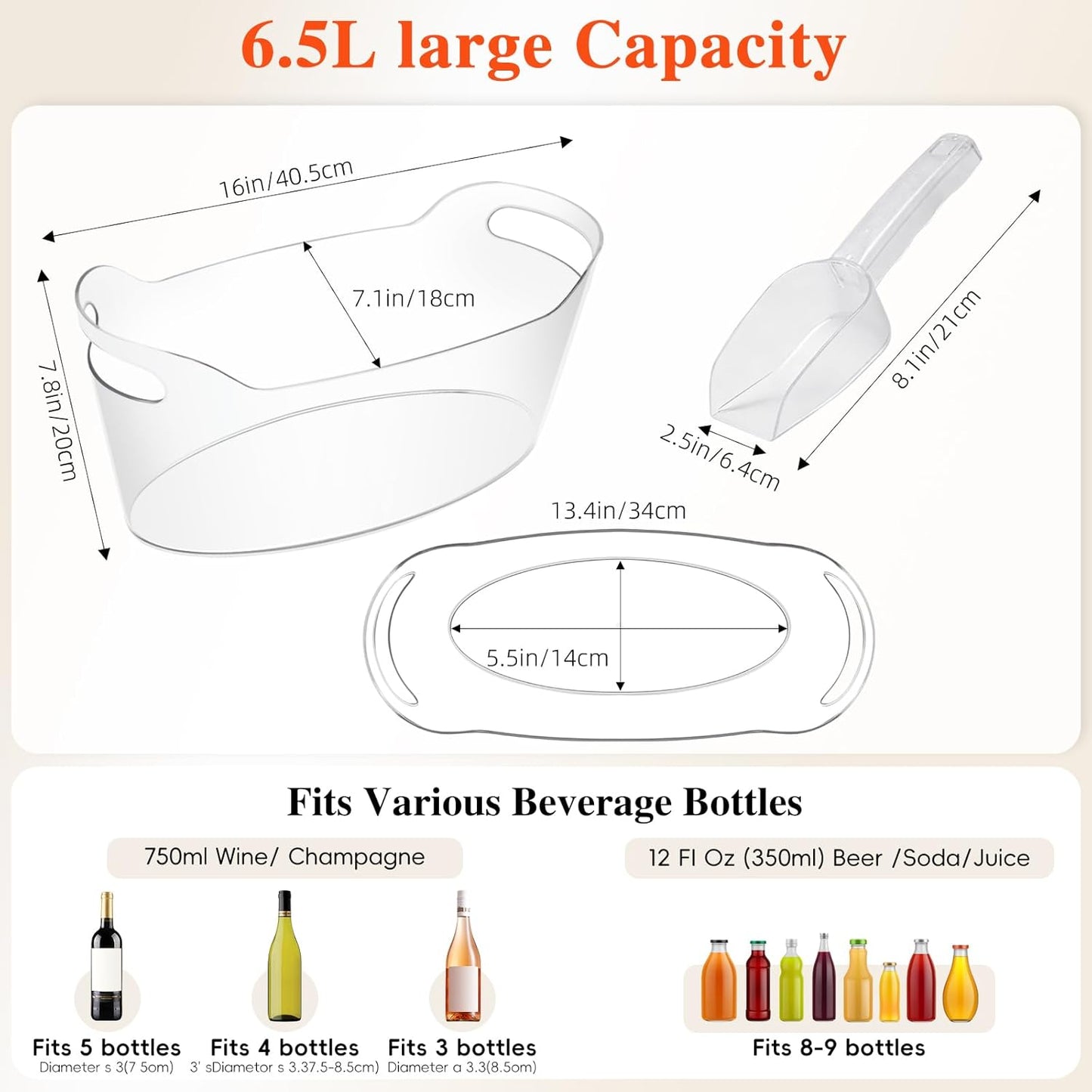 2 PCS Ice Bucket for Parties, 6.5L Large Ice Bucket, 1.7 Gallon Champagne Bucket with 2 Scoops, Beverage Tub Mimosa Bar Supplies for Champagne, Beer, Cocktail