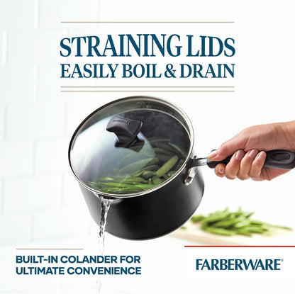 Farberware Cookstart DiamondMax Nonstick Straining Saucepan, 3-Quart, Black