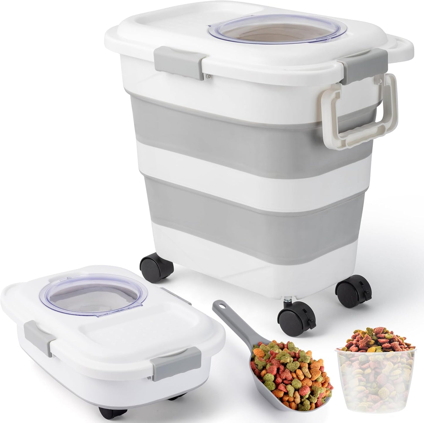 MALLMALL6 Dog Food Storage Container, Collapsible Pet Food Container with Spinner Wheels Scoop and Measuring Cup, Airtight Multifunctional Food Storage Container for Rice Dog Cat Pet Kitchen Dry Food