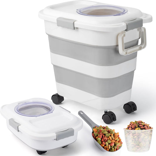 MALLMALL6 Dog Food Storage Container, Collapsible Pet Food Container with Spinner Wheels Scoop and Measuring Cup, Airtight Multifunctional Food Storage Container for Rice Dog Cat Pet Kitchen Dry Food