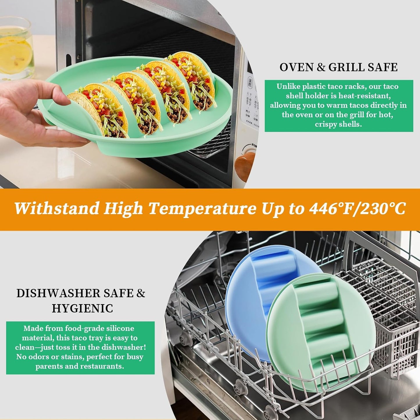 Haiou Silicone Taco Plates Set of 2 - The Ultimate Taco Holder Stand for Mess-Free Family Dinners & Parties, Microwave & Oven Safe Taco Tray, Holds 4 Shells Each
