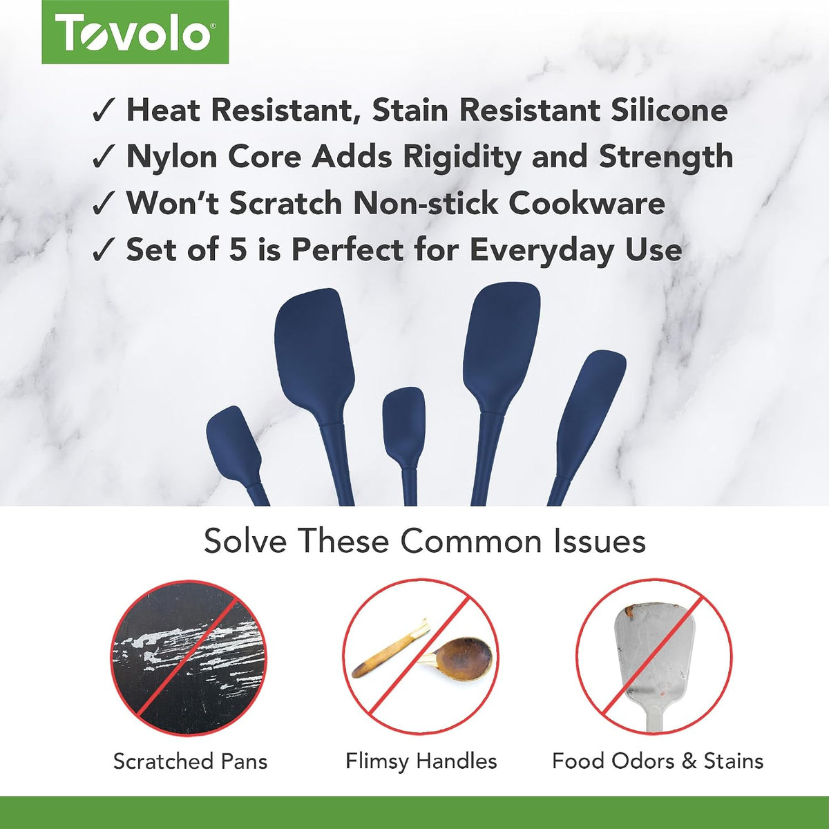 Tovolo Flex Core 5 Piece Silicone Spatula Set Heat Resistant All Silicone Utensils Include Non Stick Spatula Spoonula Jar Scraper, Dishwasher Safe BPA Free Spatulas for Baking Mixing, White