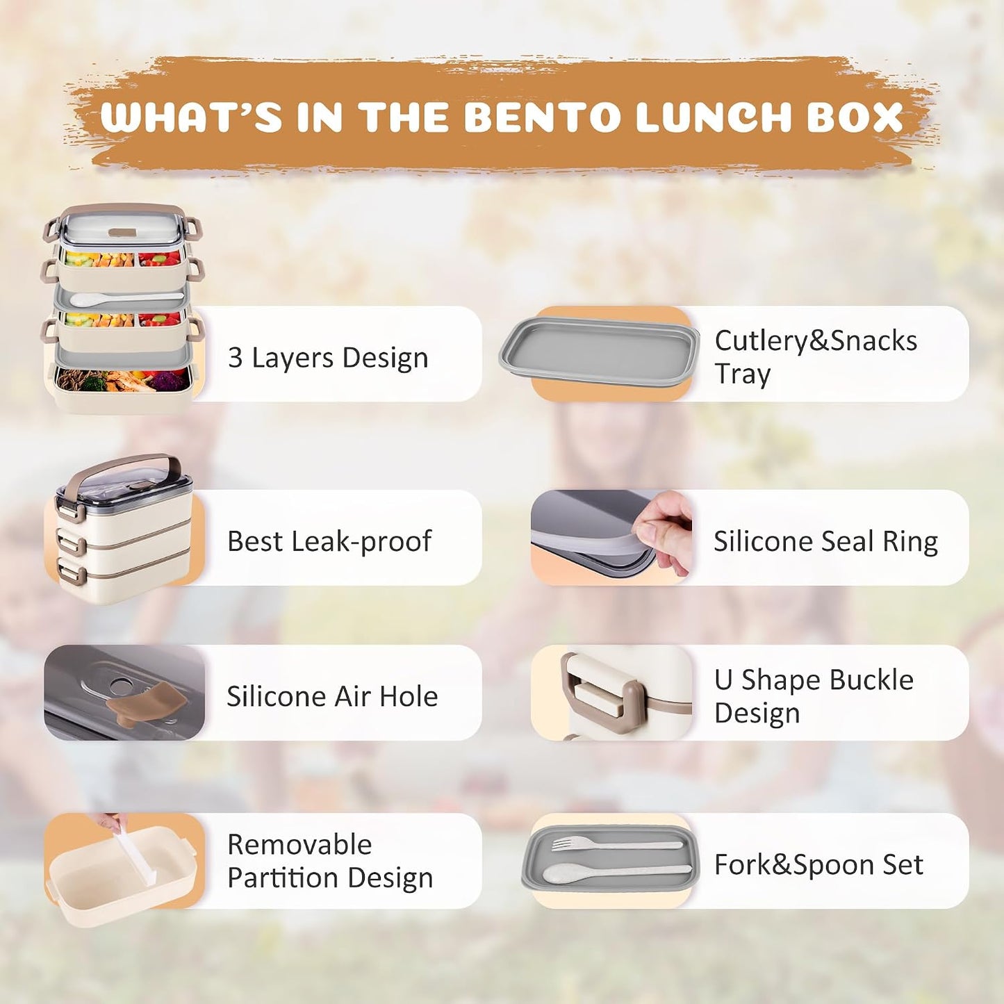 Stainless Steel Bento Box for Adults&Kids,Japanese Leakproof Lunch Box Divided Food Meal Storage Containers Set Stackable 2 Layer for Children School Picnic Beige