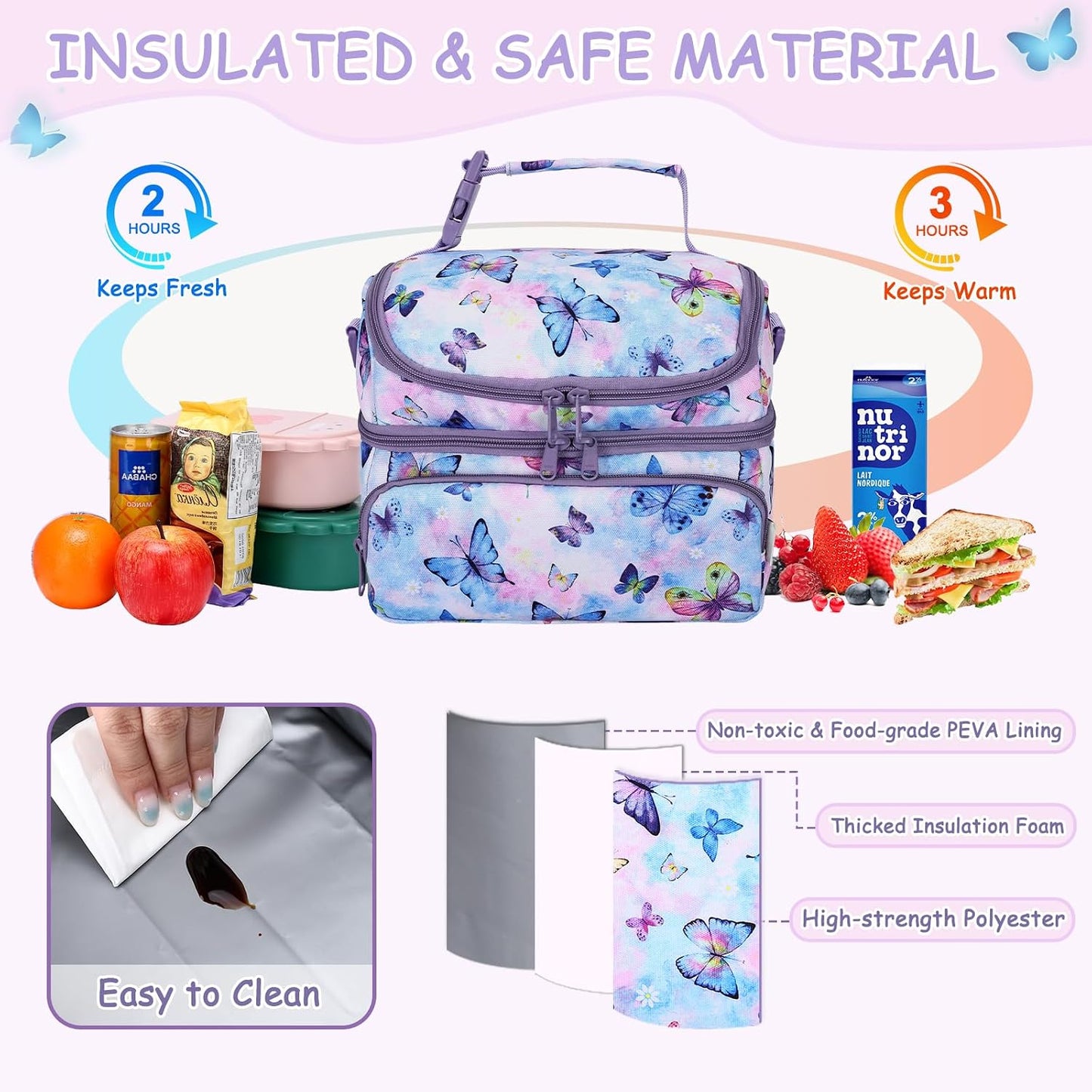 Kasqo Lunch Bag Kids, Dual Compartment Insulated Cooler Bag 7.5L Girls Boys Toddler Lunch Box Containers for Daycare School Kindergarten Travel Ombre Butterfly