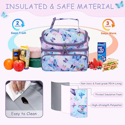 Kasqo Lunch Bag Kids, Dual Compartment Insulated Cooler Bag 7.5L Girls Boys Toddler Lunch Box Containers for Daycare School Kindergarten Travel Ombre Butterfly